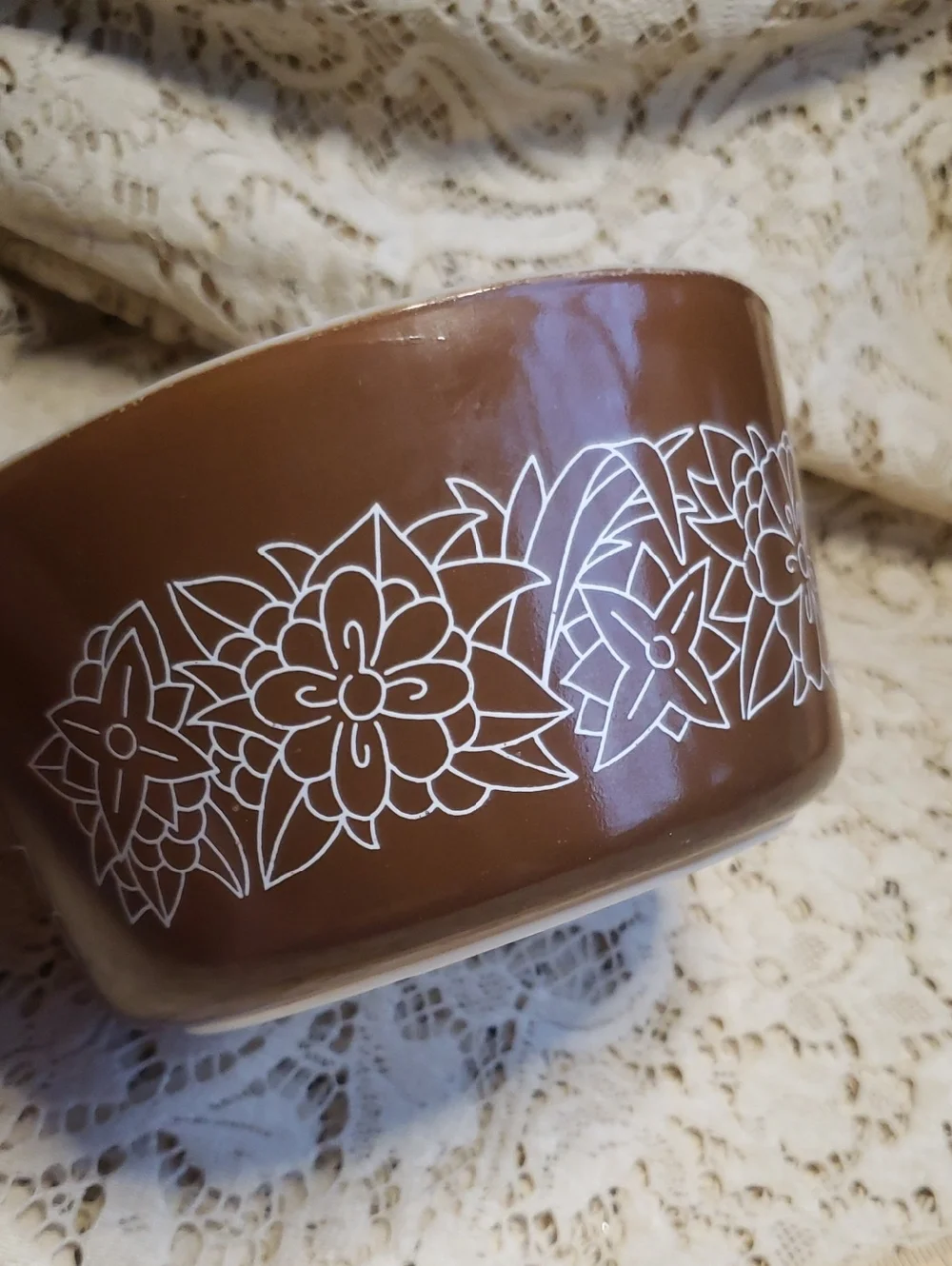 Pyrex Brown and White Floral Casserole Dish